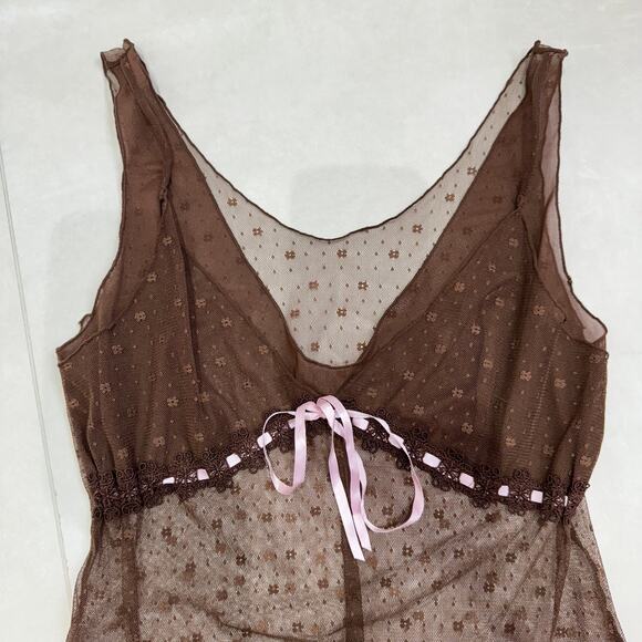 Vintage Sheer Brown Mesh Camisole with Pink Ribbon Detail (S/M) - Picture 8 of 9